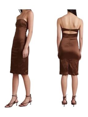 NEW Bec + Bridge Heather Open Back Satin Slip Spaghetti-Strap Midi Dress Cognac